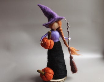 Needle felted witch with pumpkin, halloween decor