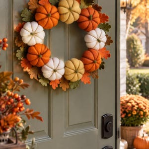 May include: A circular wreath featuring felt pumpkins in shades of orange, white, and yellow, interspersed with green and orange felt oak leaves. The wreath is suspended by a tan burlap ribbon from a black hook on a sage green panelled door.