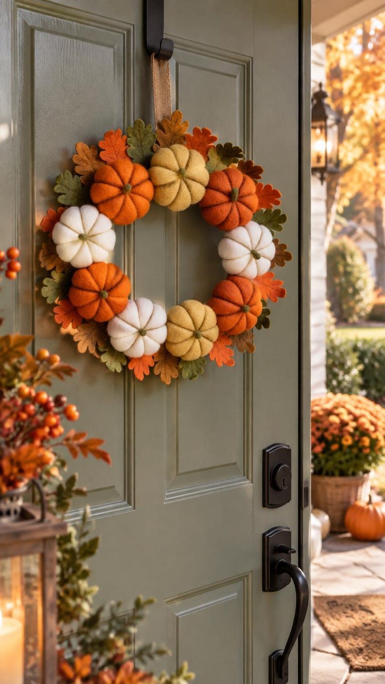 May include: A circular wreath featuring felt pumpkins in shades of orange, white, and yellow, interspersed with green and orange felt oak leaves. The wreath is suspended by a tan burlap ribbon from a black hook on a sage green panelled door.