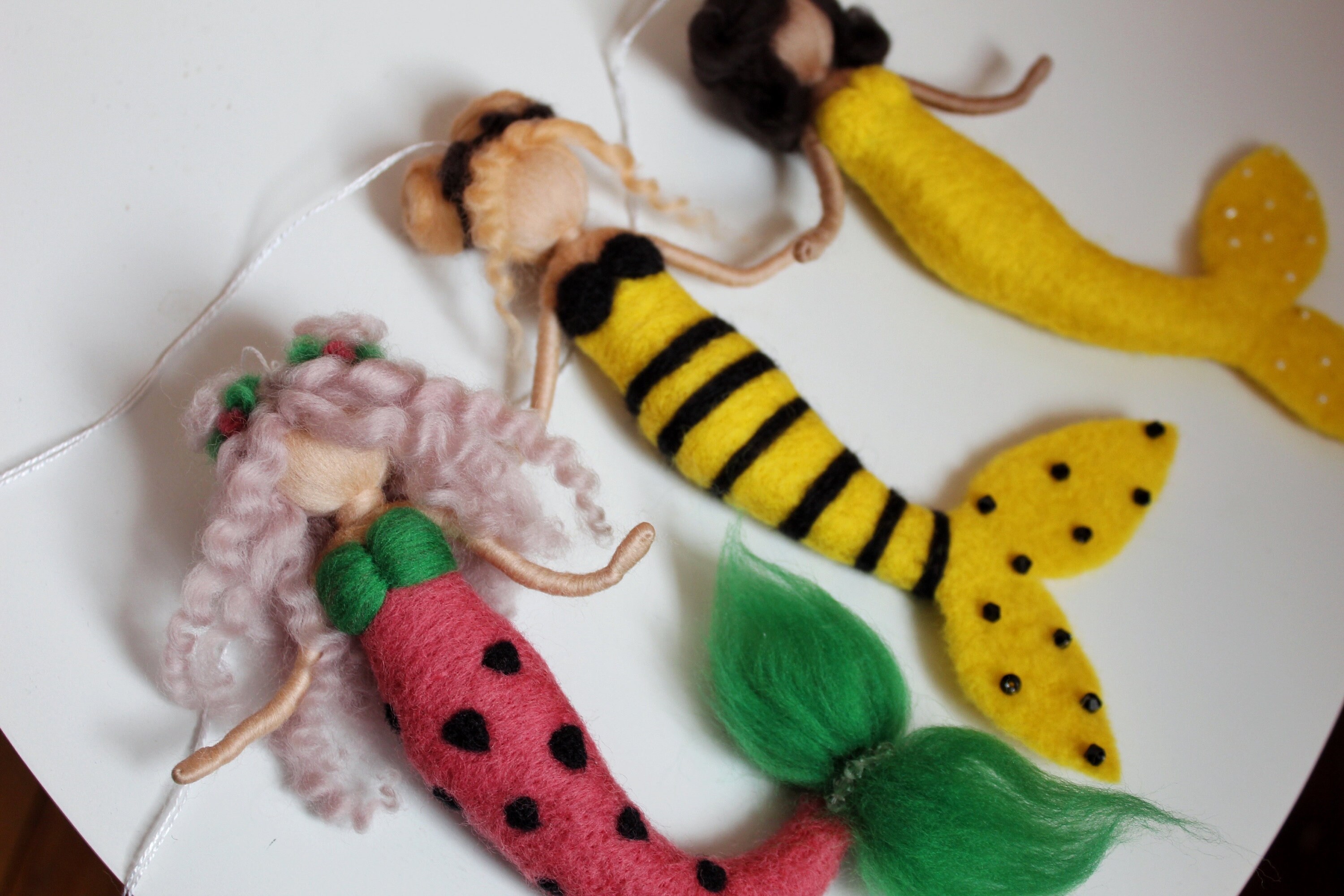 Needle Felted Fairy Mermaids Nursery Decor - Bright Colors Hanging Decoration