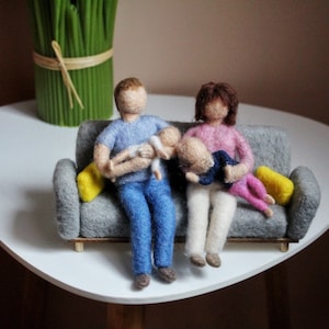 Custom Needle Felted Family Sculpture on Sofa - Anniversary Gift Idea
