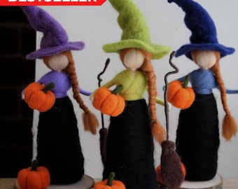 Needle Felted Witch and Pumpkin - Whimsical Halloween Decoration