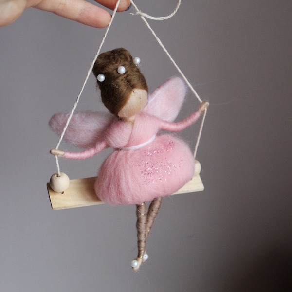 Needle felted fairy on the swing, Spring ornaments , soft sculpture, tiny fairy for her, Fairy garden decor