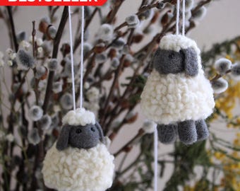 Boomornament van wolvilt - decoratie lam schapen voor Pasen