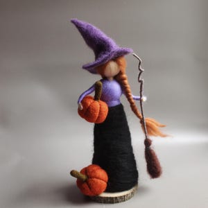 Soft Felted Witch with Pumpkin - Halloween Decor - Handcrafted