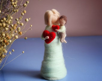 Needle felted figures mother and son, soft sculpture, mother day gift