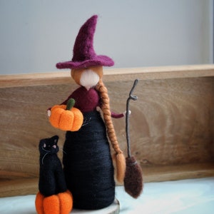 Needle Felted Witch and Pumpkin for Halloween - Whimsical decoration