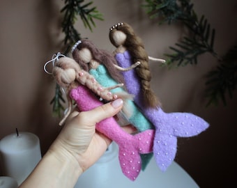 Needle felted fairy mermaids, mobile ornaments, nursery decor, hanging mermaid decorations