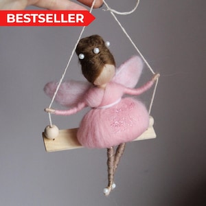 Needle Felted Fairy on Swing - Spring Soft Sculpture Ornament for Her