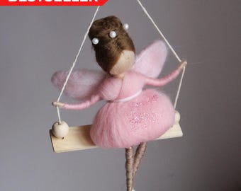 Needle Felted Fairy on Swing - Spring Soft Sculpture Ornament for Her