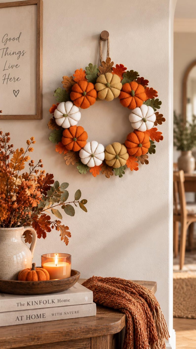 May include: A circular wreath featuring felt pumpkins in shades of orange, white, and muted yellow, interspersed with green and orange felt leaves. The wreath is suspended by a jute cord and hangs on a wall above a wooden table with decor.