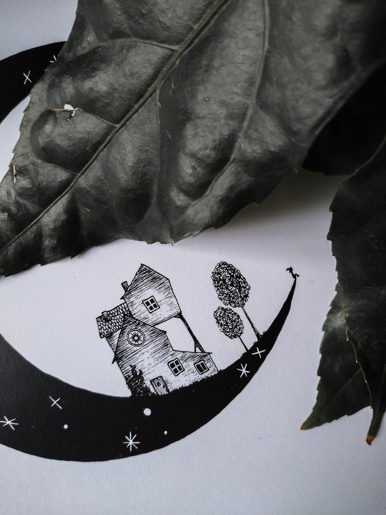 House on the Moon black fineliner A4 print