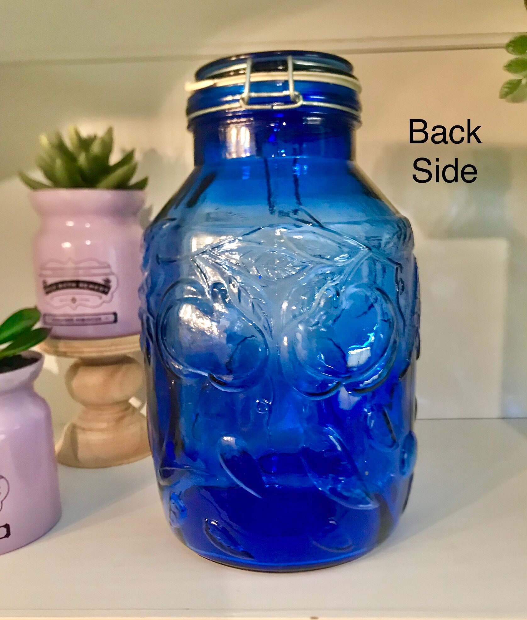 Vintage Cobalt Blue Glass Canister With Embossed Fruit Etsy