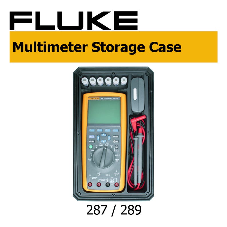 Puede incluir: Un estuche de almacenamiento de pl&aacute;stico negro que contiene un mult&iacute;metro digital Fluke 287/289 amarillo y gris, un juego de cables de prueba rojos y negros y seis componentes cil&iacute;ndricos peque&ntilde;os. El texto FLUKE Multimeter Storage Case 287 / 289 es visible.