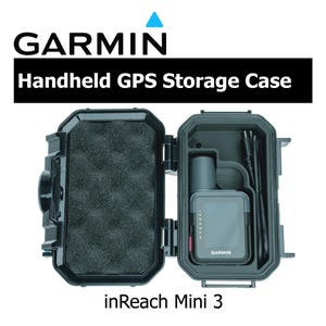 May include: Black Garmin Handheld GPS Storage Case, open to reveal an inReach Mini 3 GPS device and accessories. The case is rugged and features a foam interior for protection. The Garmin logo and "inReach Mini 3" are visible.