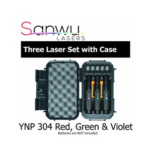 May include: A set of three laser pointers in red, green, and violet colors, packaged in a black hard case. The case has a foam interior to protect the lasers. The lasers are labeled "Sanwu". The text "YNP 304 Red, Green & Violet" and "Batteries are NOT included" are printed below the case.