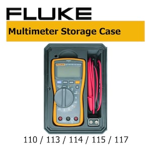 May include: A black plastic storage case containing a yellow and gray Fluke 117 digital multimeter with a digital display, a central rotary dial, and various buttons, alongside a set of red and black test leads and a 9-volt battery in compartments.