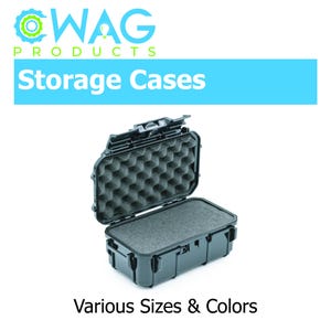 May include: Black storage case with an open lid, revealing a foam interior. The case is labeled "Storage Cases" and "Various Sizes & Colors". The logo at the top reads "WAG Products".