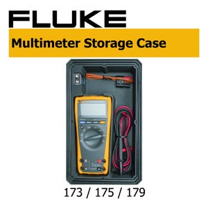 May include: A black plastic storage case containing a yellow Fluke multimeter, a set of black and red test leads, and a 9-volt battery. The case is labeled with the text FLUKE Multimeter Storage Case and the model numbers 173 / 175 / 179.