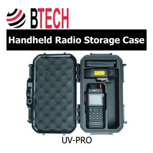 May include: Black, open handheld radio storage case with a radio and accessories. The case has a foam interior and is labeled "Handheld Radio Storage Case" and "UV-PRO". The BTECH logo is in the upper left corner.