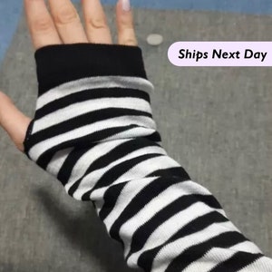 Striped Fingerless Gloves Black and White | Emo Punk Alt Accessories