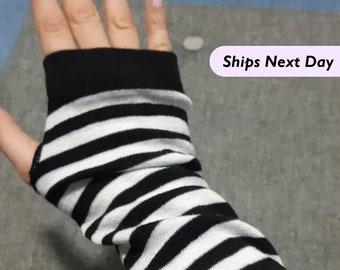 Striped Fingerless Gloves Black and White | Emo Punk Alt Accessories