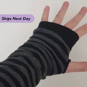 Striped Gray Black Fingerless Gloves