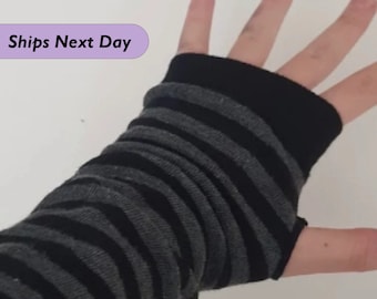 Striped Gray Black Fingerless Gloves