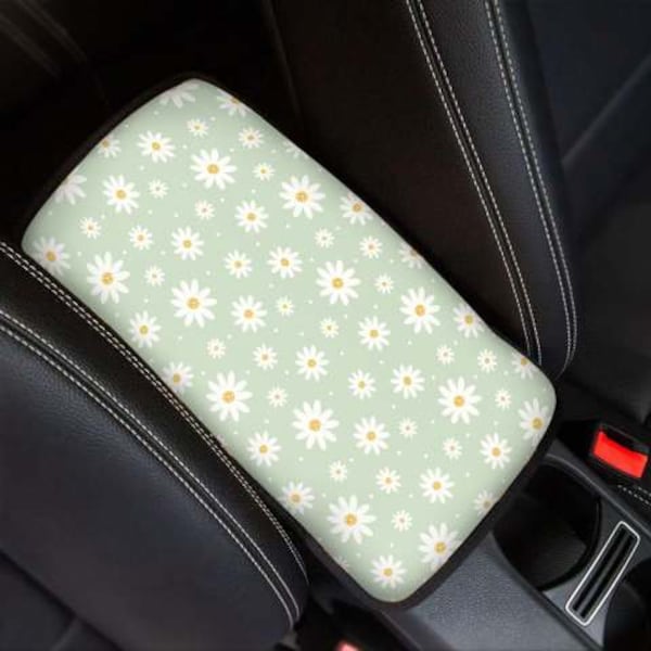 Sage Green Floral Daisies Console Cover | Headrest Cover | Boho Armrest Cover | Kawaii Boho Flowers Matching Car Accessories