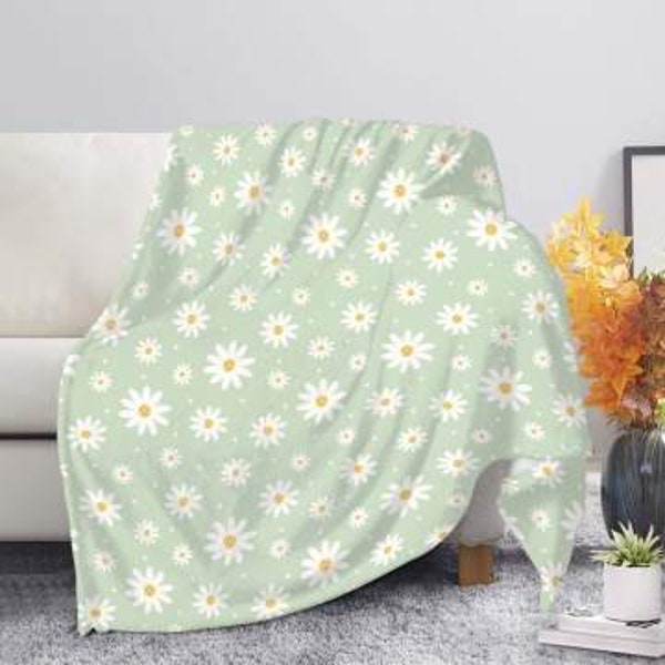 Sage Green Pink Lilac Floral Daisies Plush Blanket | Cozy Daisies Green Plush Blanket ( Throw or XL)