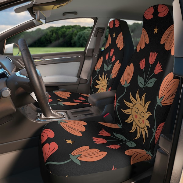 Black Sun Boho Floral Moon Car Seat Covers | Cottagecore Car Accessories | Aesthetic Womens Car Accessories Decor | Gift for Her