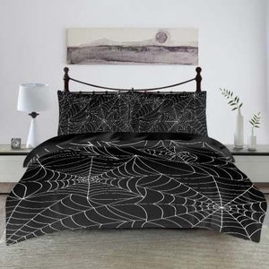 Goth Spiderweb Bedding Duvet Cover with 2 Pillowcases | Halloween Room Decor