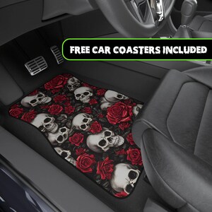Red Roses Graveyard Car Mats | Goth Skull Car Accessories | Emo Skeletom Floral Car Mats | New Car Gift