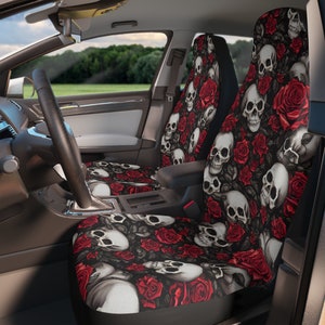Red Roses Skull Metalhead Punk Gothic Skeleton Car Seat Covers Set of 2 | Emo Goth Car Seat Covers