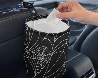 Gothic Spiderweb Trash Can for Car | Compact Cute New Car Gift | Emo Halloween Goth Car Accessories | Car Organizer Mother's Day Gift