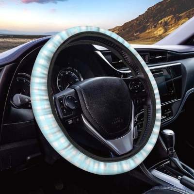 Discover Pastel Blue Gingham Checkerboard Steering Wheel Cover