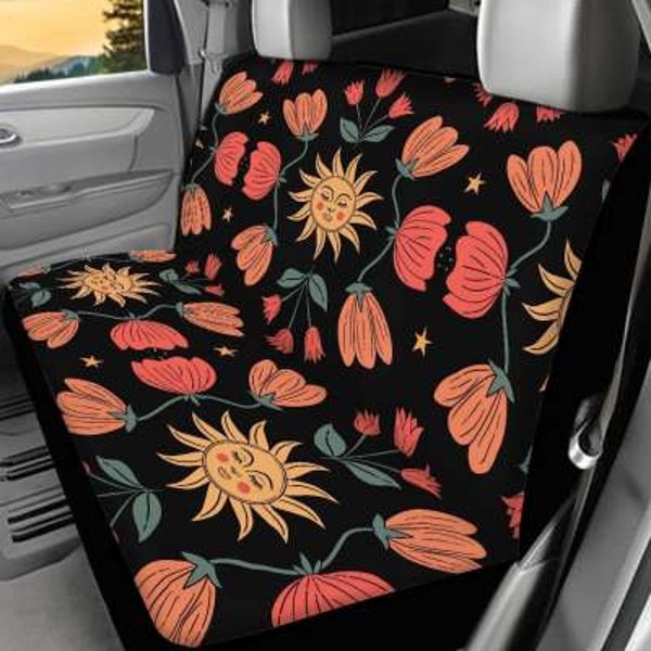 Black Sun Boho Floral Moon Car Seat Covers | Cottagecore Car Accessories | Aesthetic Womens Car Accessories Decor | Gift for Her