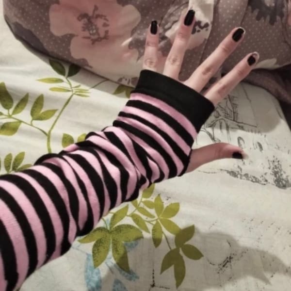 Pink Striped Fingerless Gloves