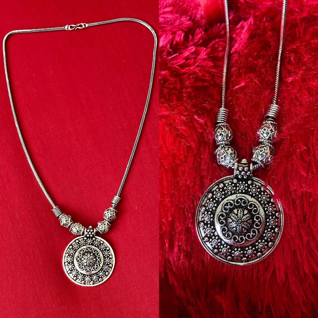Stylish Oxidized Silver Plated Pendant With Chain Silver Peacock