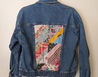 Upcycled Vintage Quilt Denim Jacket, Handcrafted Jean Jacket, Gift for Her, Embellished, Eco friendly, Patchwork, Boho