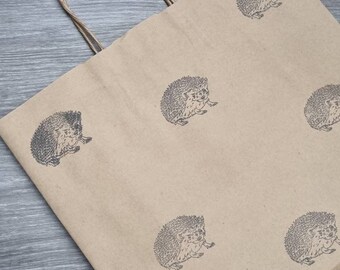 Large brown recyclable hedgehog gift bags, hand stamped kraft paper bags for gifts