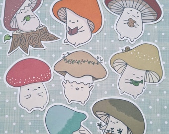 Set of 8 cute mushroom stickers, autumn journal stickers, mushroom sticker pack, mushroomcore stickers for planners and laptops