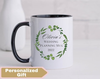 Personlig grön kransmugg med bröllopsplanering, anpassad förlovningspresent, brudmugg, bröllopskaffemugg, fästmögumugg, bröllopsplanerarpresent