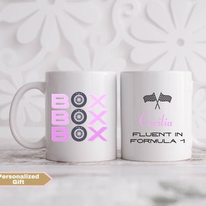 Personalized F1 Pink Box Box Box Mug, custom F1 gift for her, Formula 1 gift, racing mug for girlfriend, F1 Mug, drive to survive fan