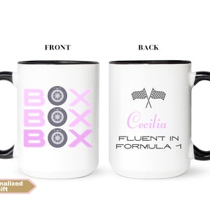 Personalized F1 Pink Box Box Box Mug, custom F1 gift for her, Formula 1 gift, racing mug for girlfriend, F1 Mug, drive to survive fan