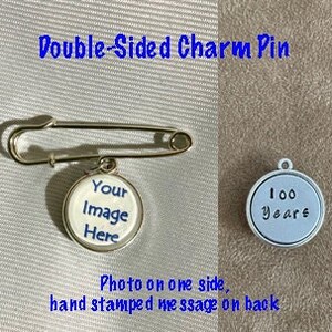 Personalized Memorial Photo Pin, Photo Charm with Stamped Back, Groom Boutonniere Memorial Pin, Memorial Lapel Pin, Double sided Charm Pin