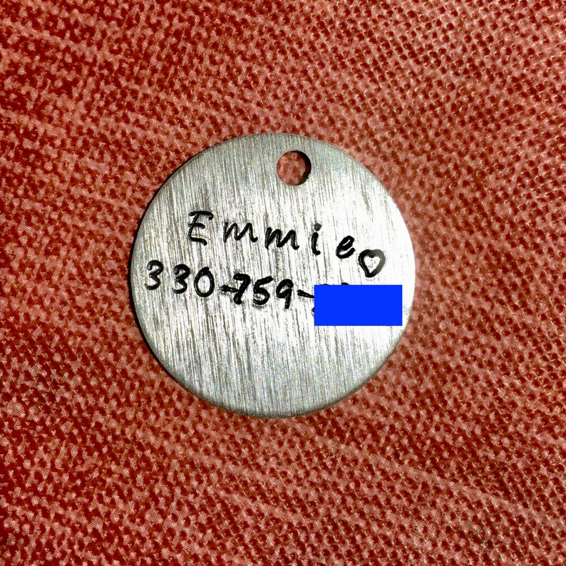May include: Silver dog tag with the name "Emmi" and phone number "330-759-" followed by a heart symbol.