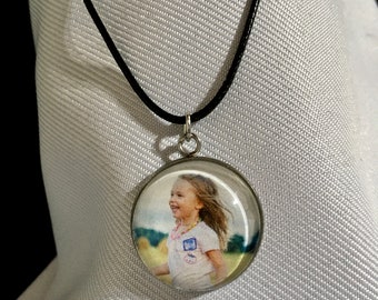 Photo Charm Necklace, Custom Picture Necklace, Photo Pendant, Personalized Image Jewelry, Leather Rope Necklace, Memorial Photo Jewelry