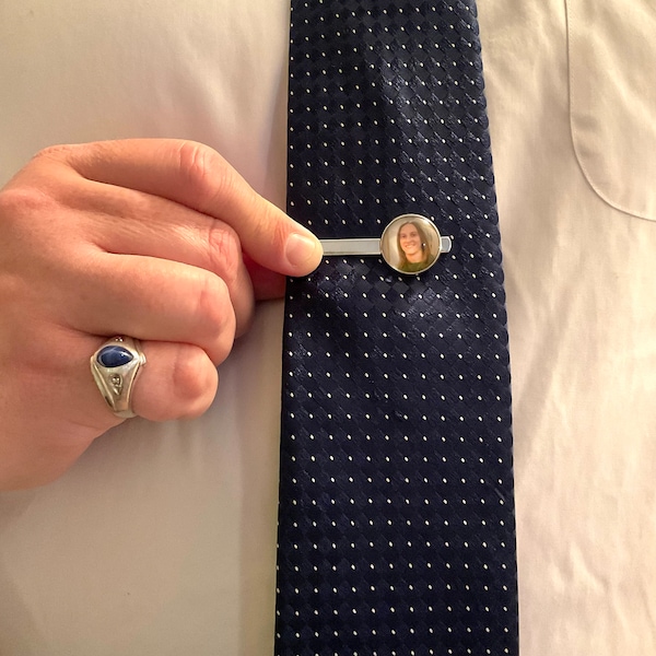 Tie Clip with Photo, Memorial Tie Clip, Personalized Clip for Groom, Photo Silver Tie Bar, Personalized Gifts for Groom, Wedding Tie Clip
