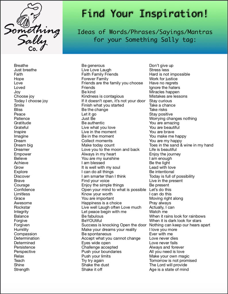 May include: A green and blue poster with the text "Find Your Inspiration!" and a list of words and phrases for inspiration. The poster is titled "Something Sally Co."